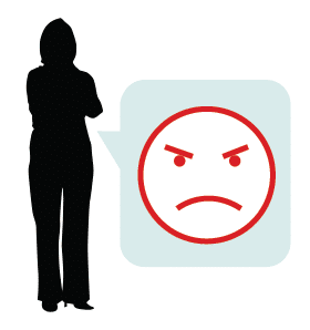 Graphic of silhouetted figure with arms folded and a grumpy face emoji