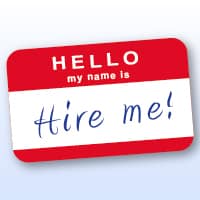 Graphic of a name bade saying "Hire me"