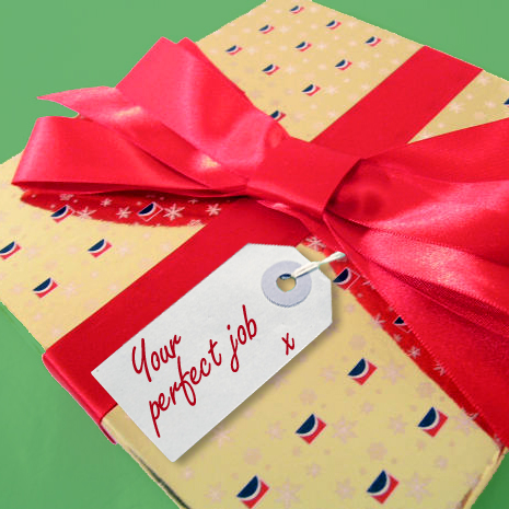 Graphic of a present with a big red bow and a tag reading Your Perfect job