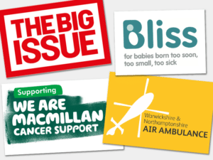 Logos of Bliss, Air Ambulance, Macmillan and The Big Issue illustrating the charities Fuel Recruitment are supporting