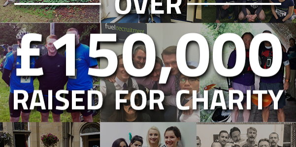 £150k_sq Collage of photos of Fuel Recruitment team involved in fundraising activities having raised more then £150,000 for various charities