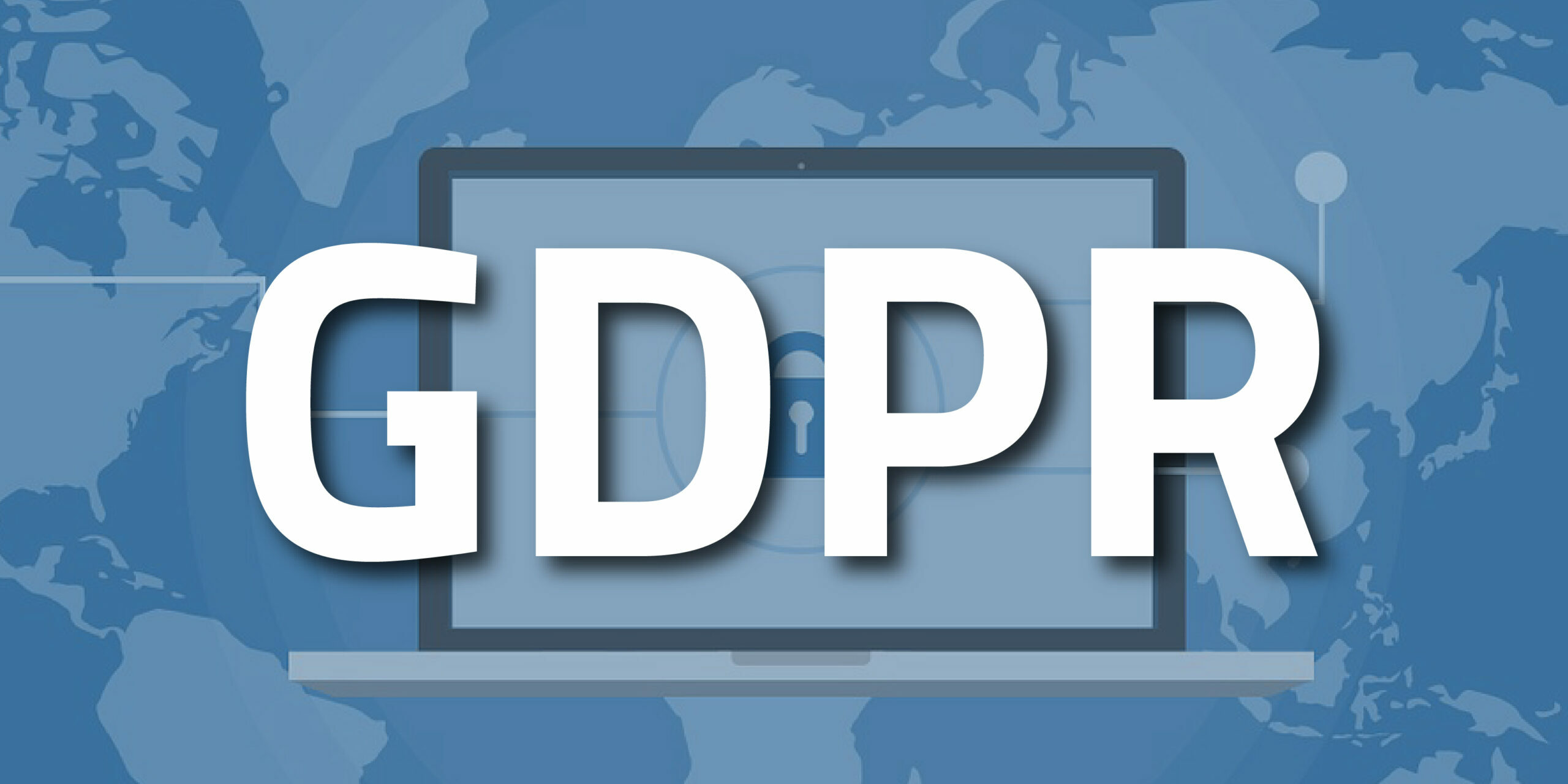 GDPR-01 GDPR text over a picture of a laptop with a background of a world map