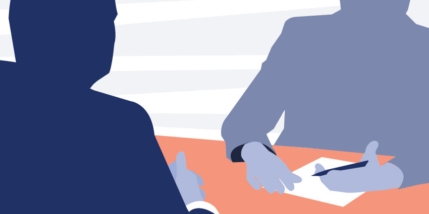 job nterview tips- Graphic of interviewer and interviewee sitting on opposite sides of a desk