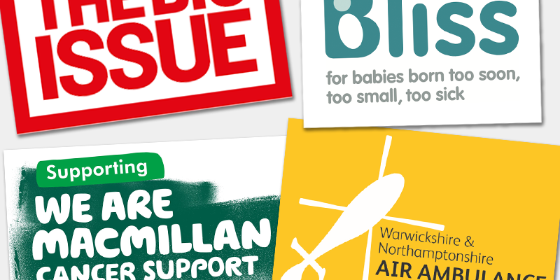charities 2018 Logos of Bliss, Air Ambulance, Macmillan and The Big Issue illustrating the charities Fuel Recruitment are supporting