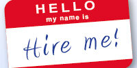 name-badge Graphic of a name bade saying "Hire me"